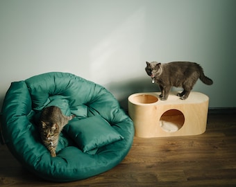 Modern catio sleeping place furniture, cat indoor house with pillow, pet bed perch, wooden handmade cave post, mother Christmas gift