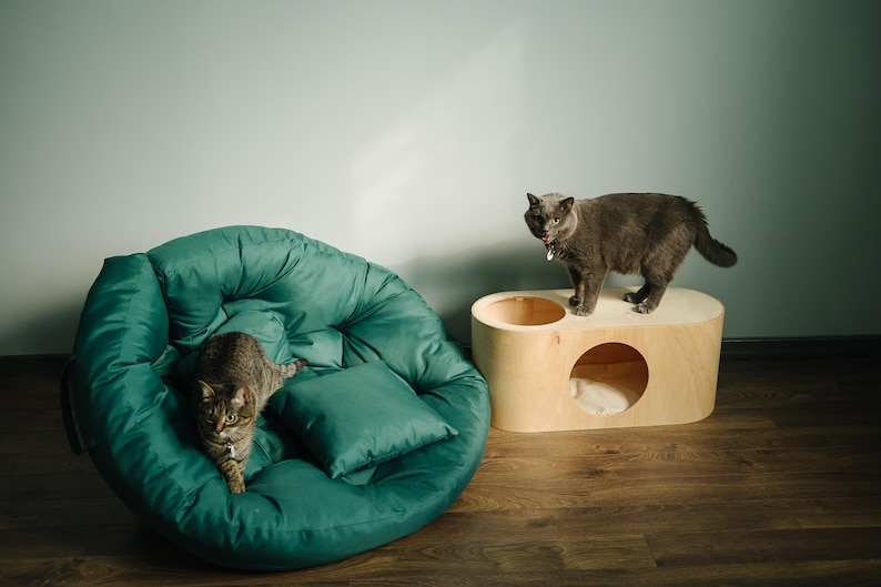 May include: Two cats are featured in this image. One cat is resting on a teal, round pet bed with a matching pillow. The other cat is standing on a light wood cat house with a circular opening. The cat house has a round opening on top.
