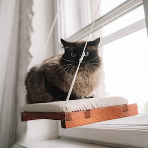 Wood cat window catio perch with cat pillow, cat furniture window hammock bed, cat lover gift