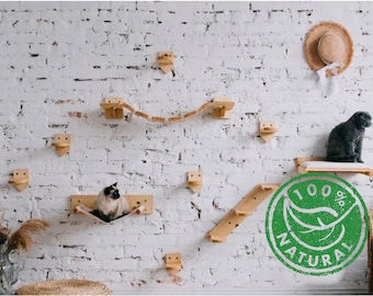Recycled pine wood cat wall post (playground furniture cat shelves) includes cat bed, cat hammock, cat steps, bridge, scratching post
