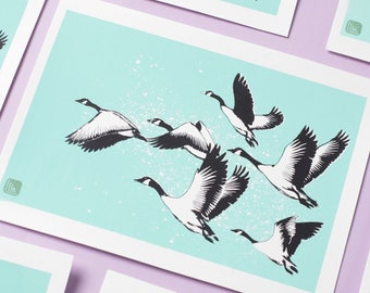 Oies Sauvages (20x15cm) - serigraphy Original Art Print Wall Decor screenprint Illustration Drawing Poster - Gift for goose and birds lovers