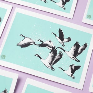 Oies Sauvages (20x15cm) - serigraphy Original Art Print Wall Decor screenprint Illustration Drawing Poster - Gift for goose and birds lovers
