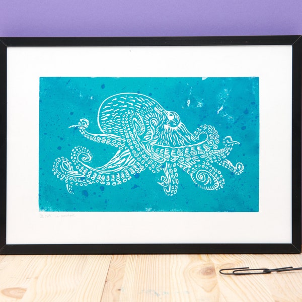 Poulpe (A4) - Linocut Original Octopus Squid Fine Art Print Wall Decor Linoprint Illustration Drawing Poster Oceanic- Gift for sea lovers
