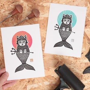 Chat sirène - Catmaid (13x18cm) - Linocut Fine Art Print Decor Linoprint Illustrazione Disegno Poster - Regalo per gli amanti dei gatti e delle sirene!