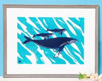 Baleines (30x40cm) - Linocut Original calf Fine Art Print Wall Decor Linoprint Illustrazione Disegno Poster - Regalo per gli amanti delle balene