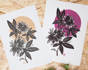 Fleur de la passion (A4) - Linocut Original Fine Art Print Wall Decor Linoprint Illustration Drawing Passiflora - Gift for flower lovers