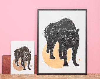 Chat Noir Linocut Print – Black Cat Art, Animal Wall Decor