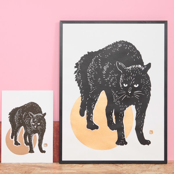 Chat Noir (A5-A3) - Linocut Original Illustration Drawing Linoprint Fine Art Print Wall Decor Poster - A gift for cat and animal lovers