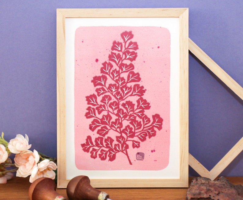 Capillaire A5-14,7x21 cm Maidenhair fern capillary Linocut Fine Art Print Wall Decor Linoprint Drawing Poster Gift for Plants lovers image 1