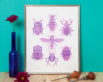 Insectes (24x30cm) - 2 layers Linocut Original Fine Art Print Linoprint Illustration Drawing Poster Insect - Gift for nature lovers