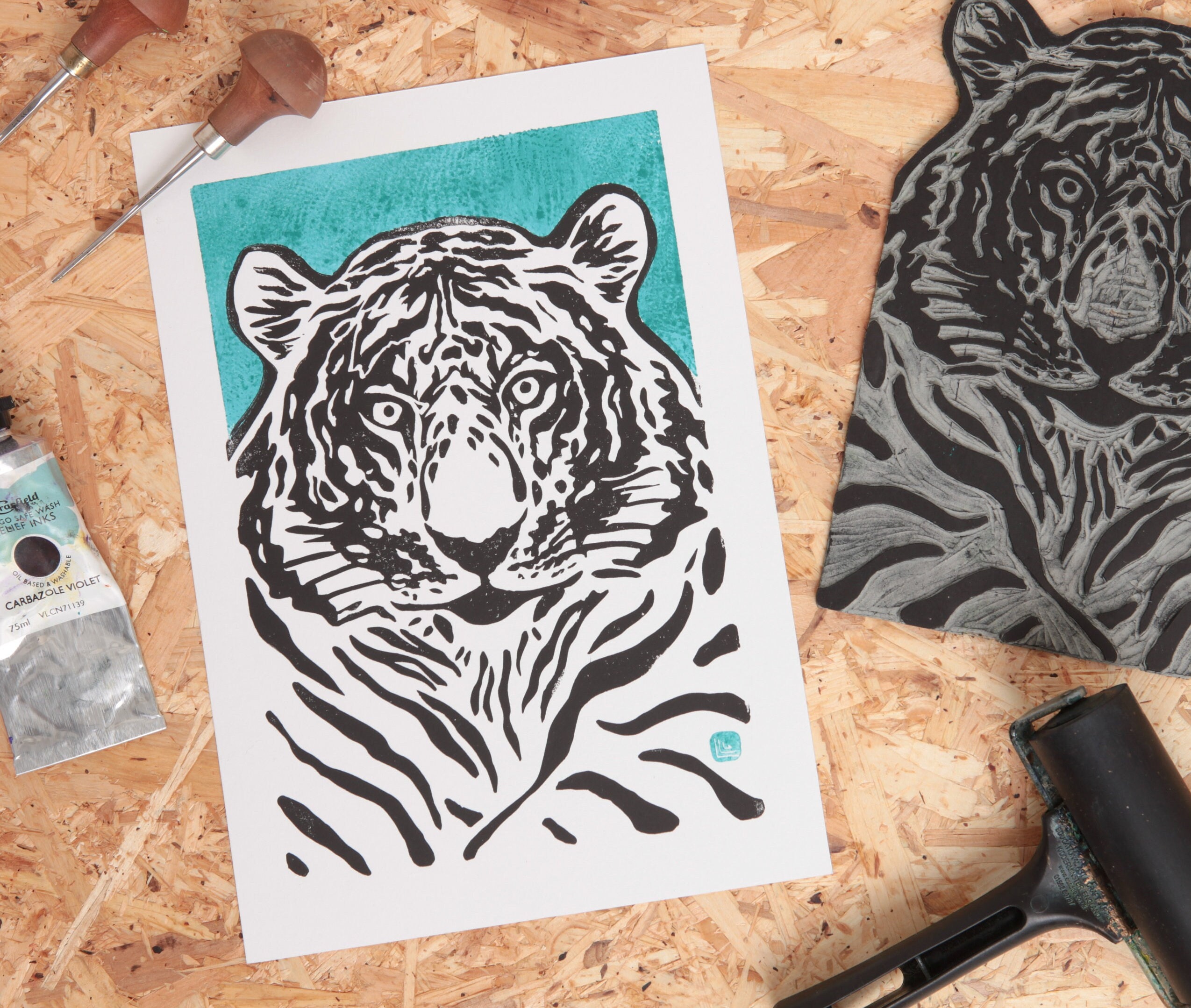 Jungle tiger linocut print, wild animal handmade linoprint