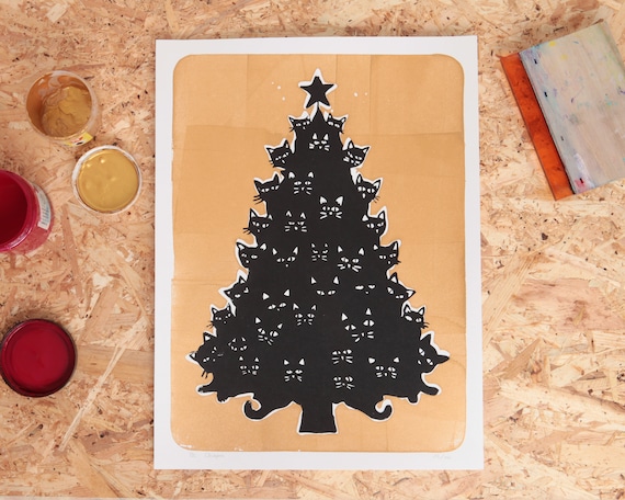 Cat Christmas Tree Print – Linocut Illustration, Catmas Decor
