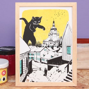 Cat-astrophe over Södermalm - (A4) - Silkscreen Original Art Print Decor Sweden Scandinavian Illustration Screenprinting - Gift cat lover