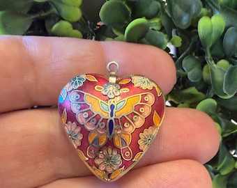 Vintage Jewelry Cloisonné Enamel Butterfly Heart Charm Pendant