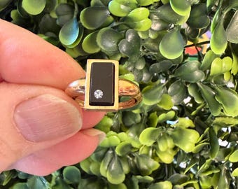 Vintage Schmuck signiert Avon Black Onyx Strass Gold Ton Einstellbar Ring