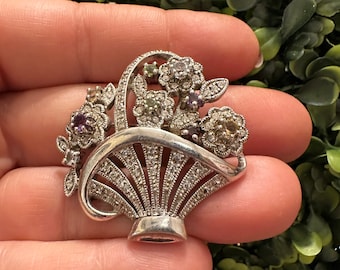 Vintage Jenna Nicole Sterling Silver Rhinestone Flower Basket