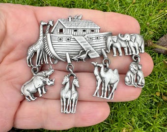 Vintage Jewelry Signed JJ Jonette Brooch Beautiful Signed Noah’s Ark with Dangles Animals Pewter Pin