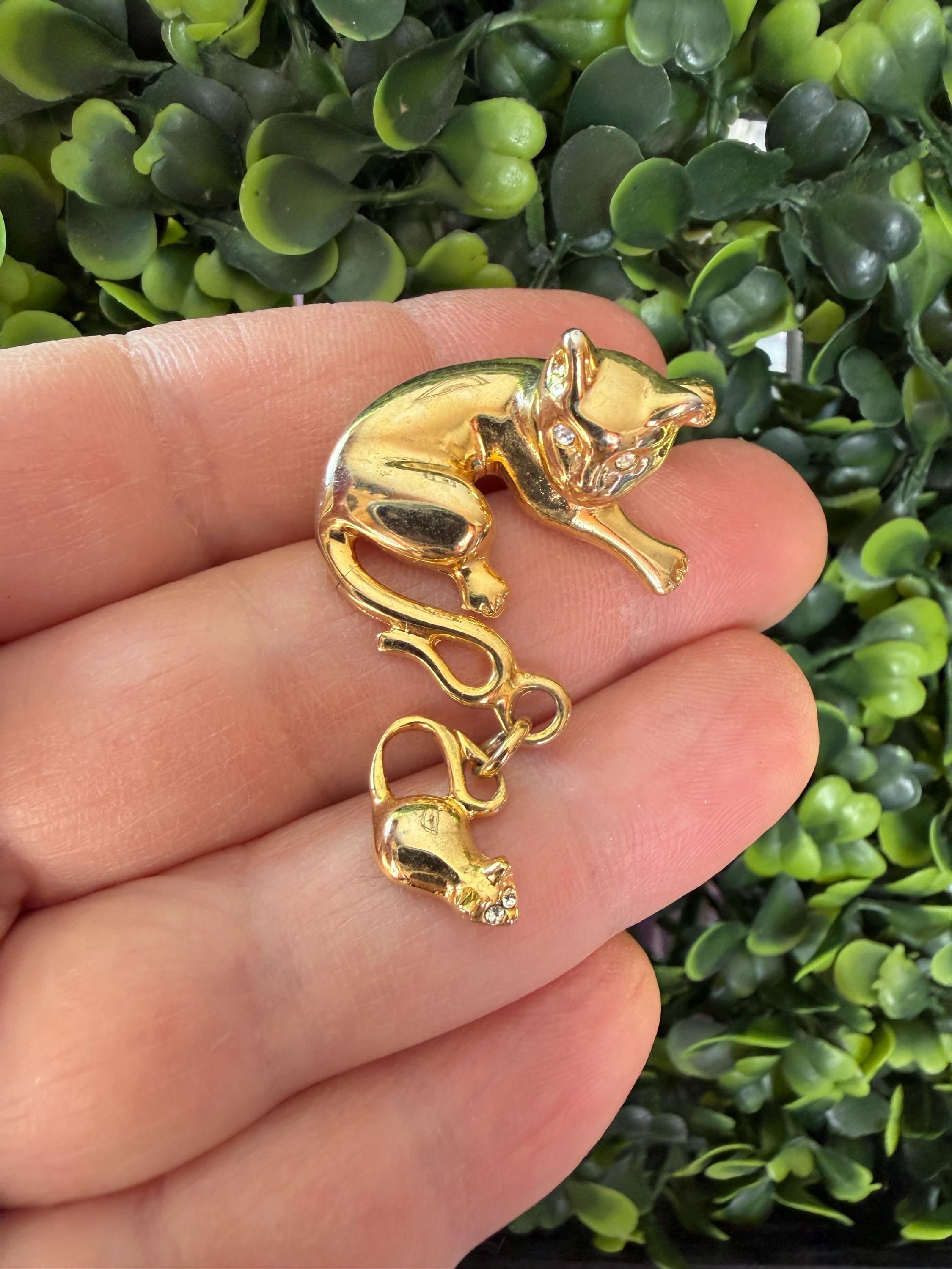 Vintage Jewelry Brooch Adorable Cat With Mouse Rhinestone Eyes Gold ...