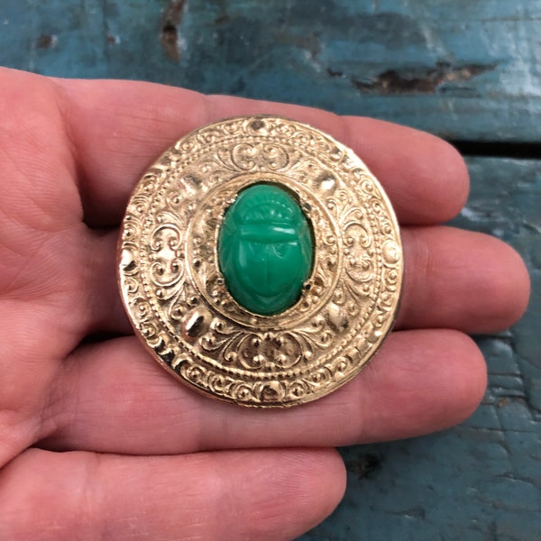 Vintage Jewelry Brooch Beautiful Green Glass Cabochon Scarab Gold Tone Pin