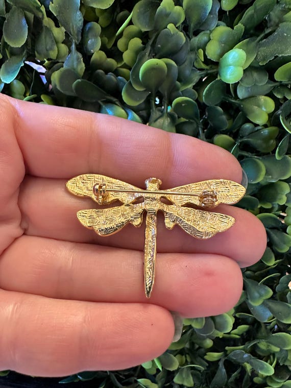 Vintage Green Enamel Dragonfly Brooch: Gold Tone Pin
