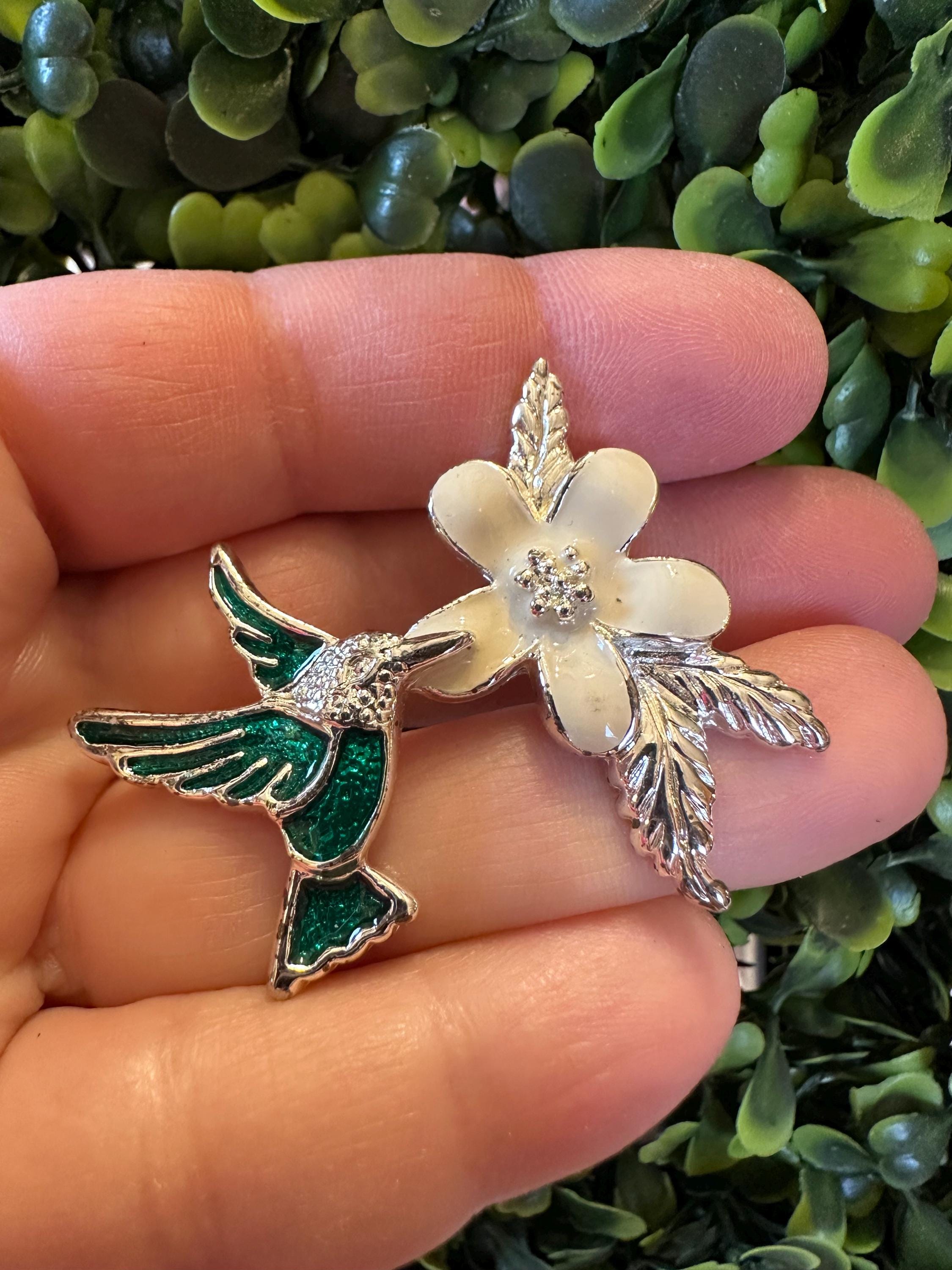 Broche Vintage Fleur Et Feuille - Métal Argenté, émaillé Vert Et Blanc, Occasion