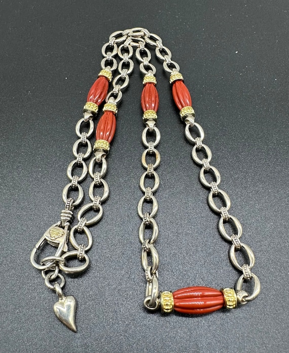 Vintage Jewelry Beautiful 20” Signed Lagos Caviar Sterling Silver 18k Yellow Gold Jasper Station Heart Charm Necklace