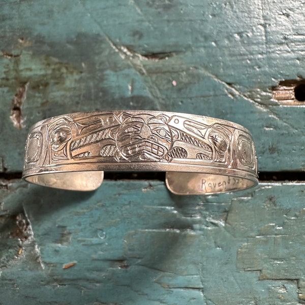 D. Chilton Signed Alaskan Tlingit Raven and Sun Sterling Silver 925 Indigenous Cuff Bracelet