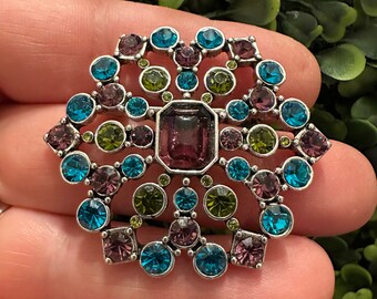 Vintage Jewelry Brooch Beautiful Signed Monet Purple Blue Green Rhinestone Silver Tone Pin