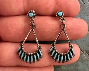 Vintage Sterling Silver Turquoise Zuni Petit Point Pierced Earrings