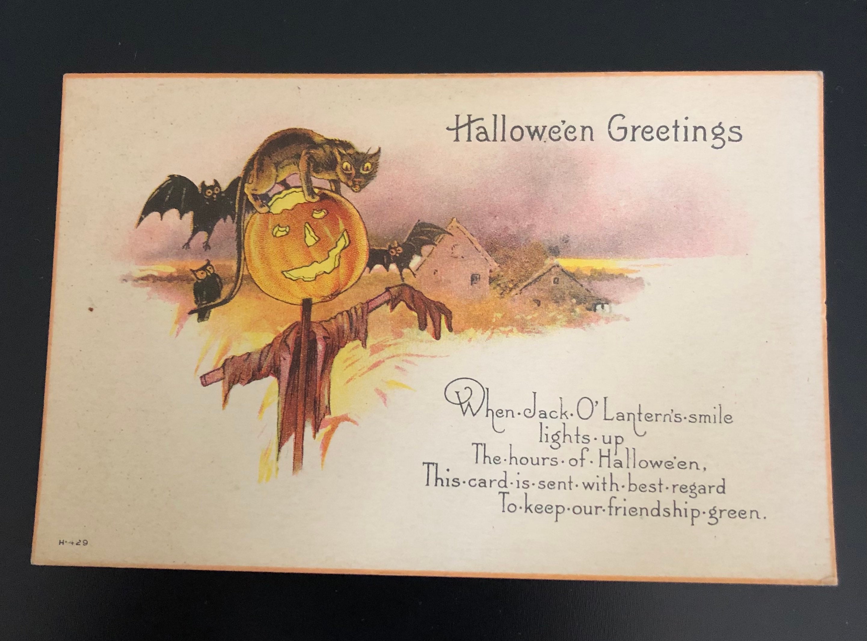 Halloween Postcard Nash H-429 Jack O Lantern Cat Bat Vintage Art ...
