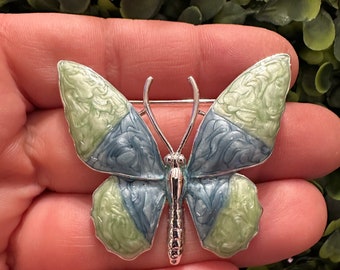 Vintage Jewelry Beautiful Green Blue Enamel Butterfly Silver Tone Pin Brooch