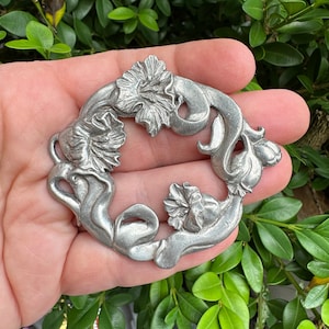 Vintage Seagull Pewter Brooch: Floral Silver Tone Pin
