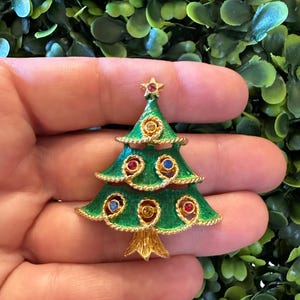Vintage Schmuck Brosche signiert JJ Jonette Grün Emaille Strass Weihnachtsbaum Gold Ton Pin