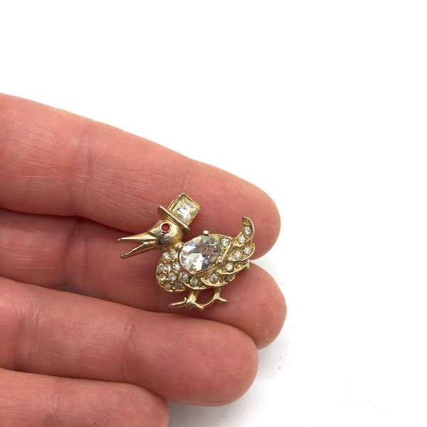 Vintage Jewelry Brooch Beautiful Rhinestone Duck Gold Tone Pin