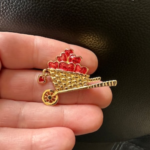 Vintage Jewelry Brooch Signed Avon Red Enamel Hearts in Wheelbarrow Full of Love Gold Tone Tack Pin