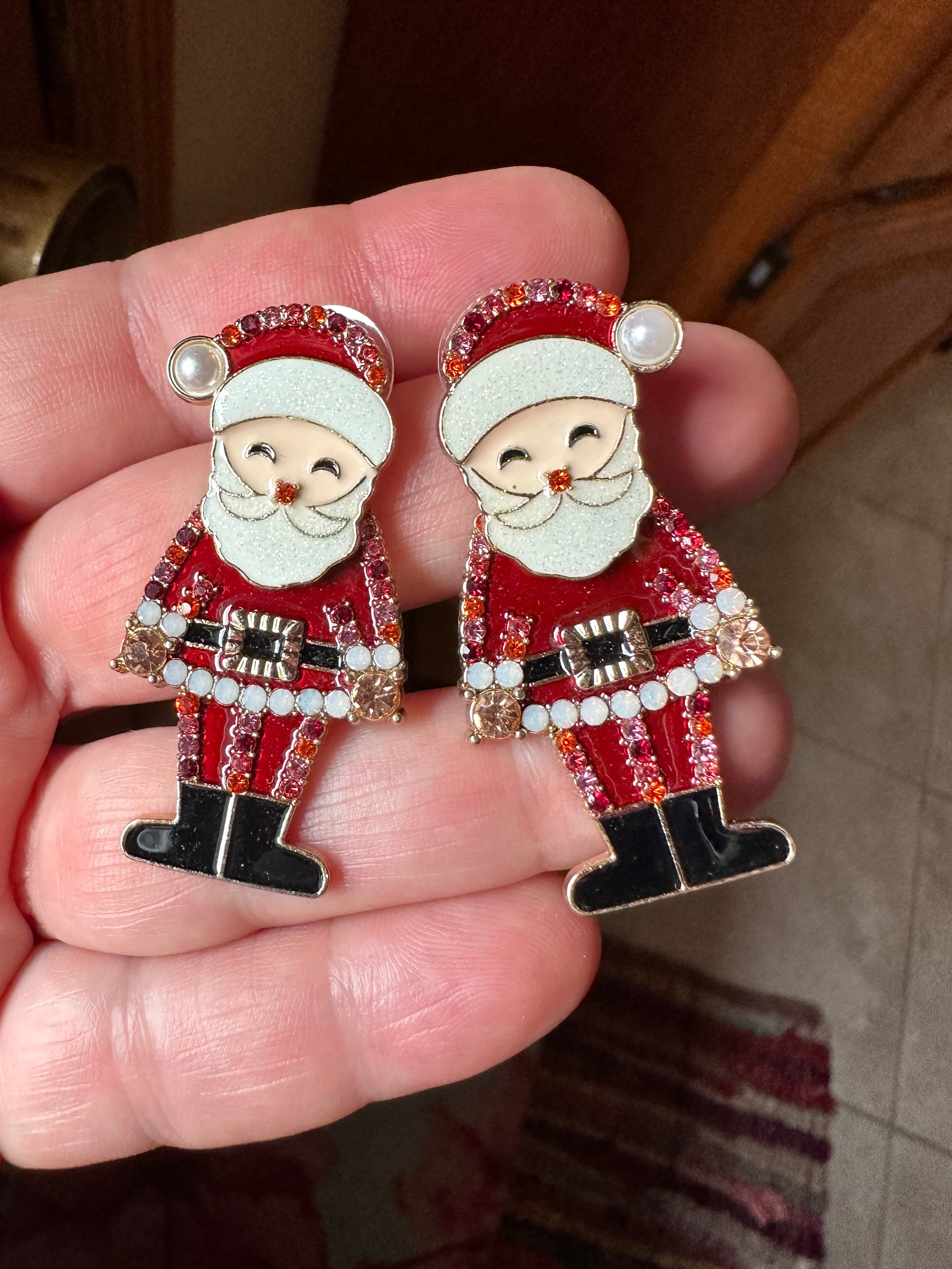 Vintage Jewelry Beautiful Santa Claus Christmas Rhinestone Pierced