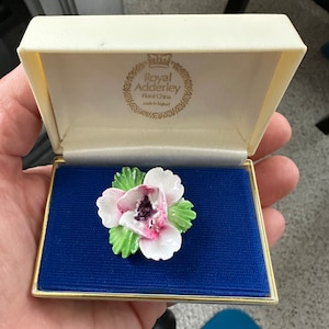 Vintage Jewelry Brooch Signed Royal Adderley Porcelain China Flower Beautiful Pin with Box