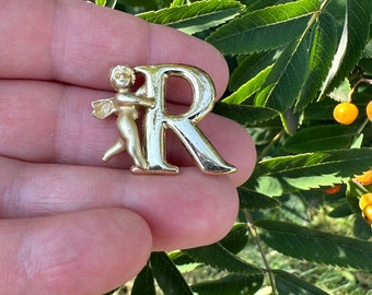 Vintage Schmuck Brosche Schöne Initial R mit Engel Cherub Gold Pin