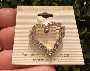 Vintage Jewelry Brooch Beautiful Clear Austrian Crystal Rhinestone Heart Gold Tone Prong Set Pin