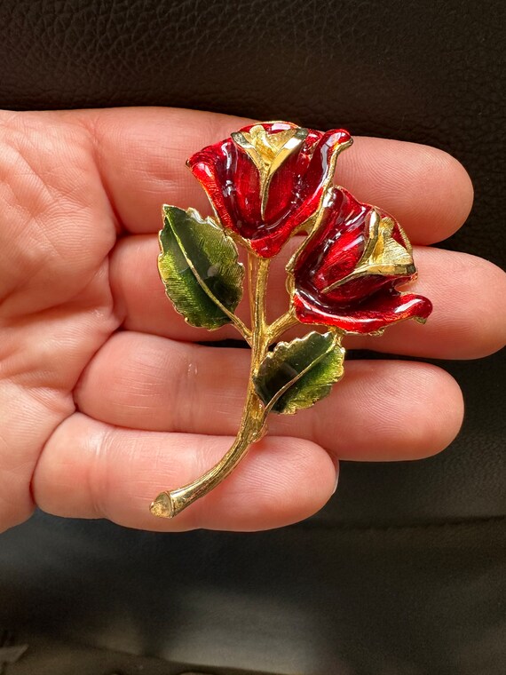 Spilla vintage a forma di rosa rossa, spilla smaltata color oro