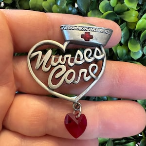 Vintage Jewelry Brooch Beautiful Nurses Care Red Heart Cross Silver Tone Pin