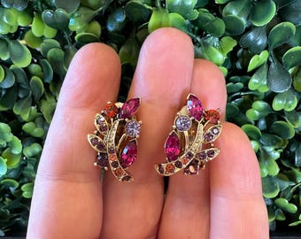Orecchini a clip vintage Graziano con strass: viola, rosa, arancione