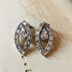 Vintage EISENBERG Clip On Earrings Clear Rhinestones Silver Tone Signed Designer