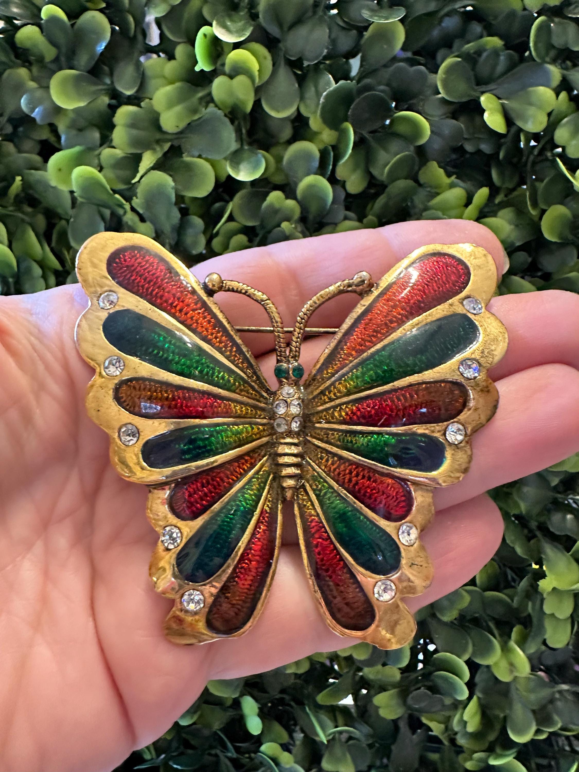 ヴィンテージエナメルバタフライブローチ：マルチカラーゴールドトーン