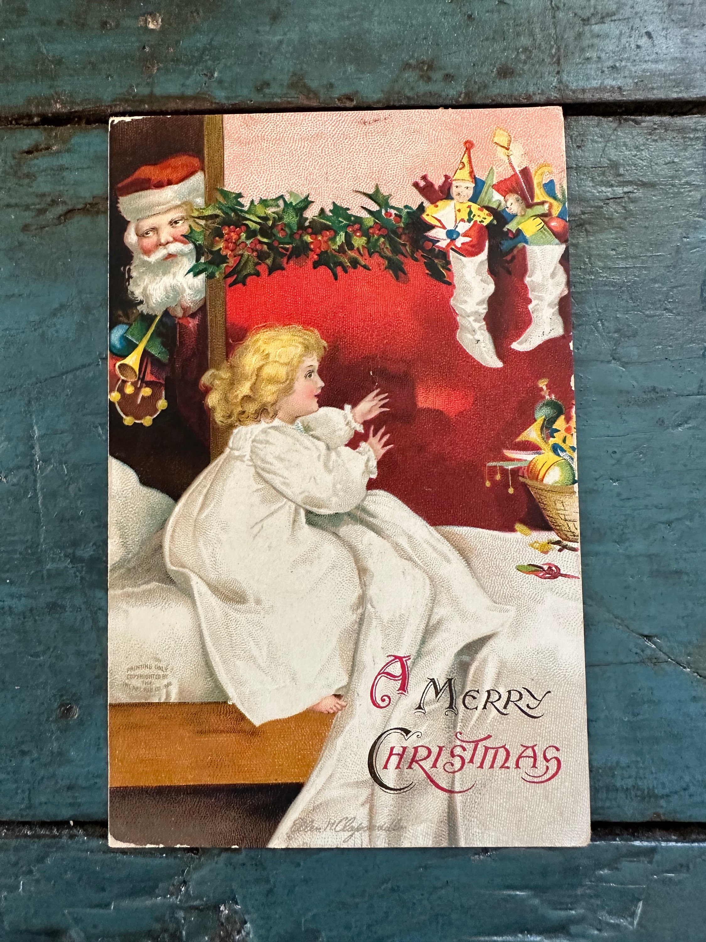 Vintage kerstkaart met eendje met kerstmuts en