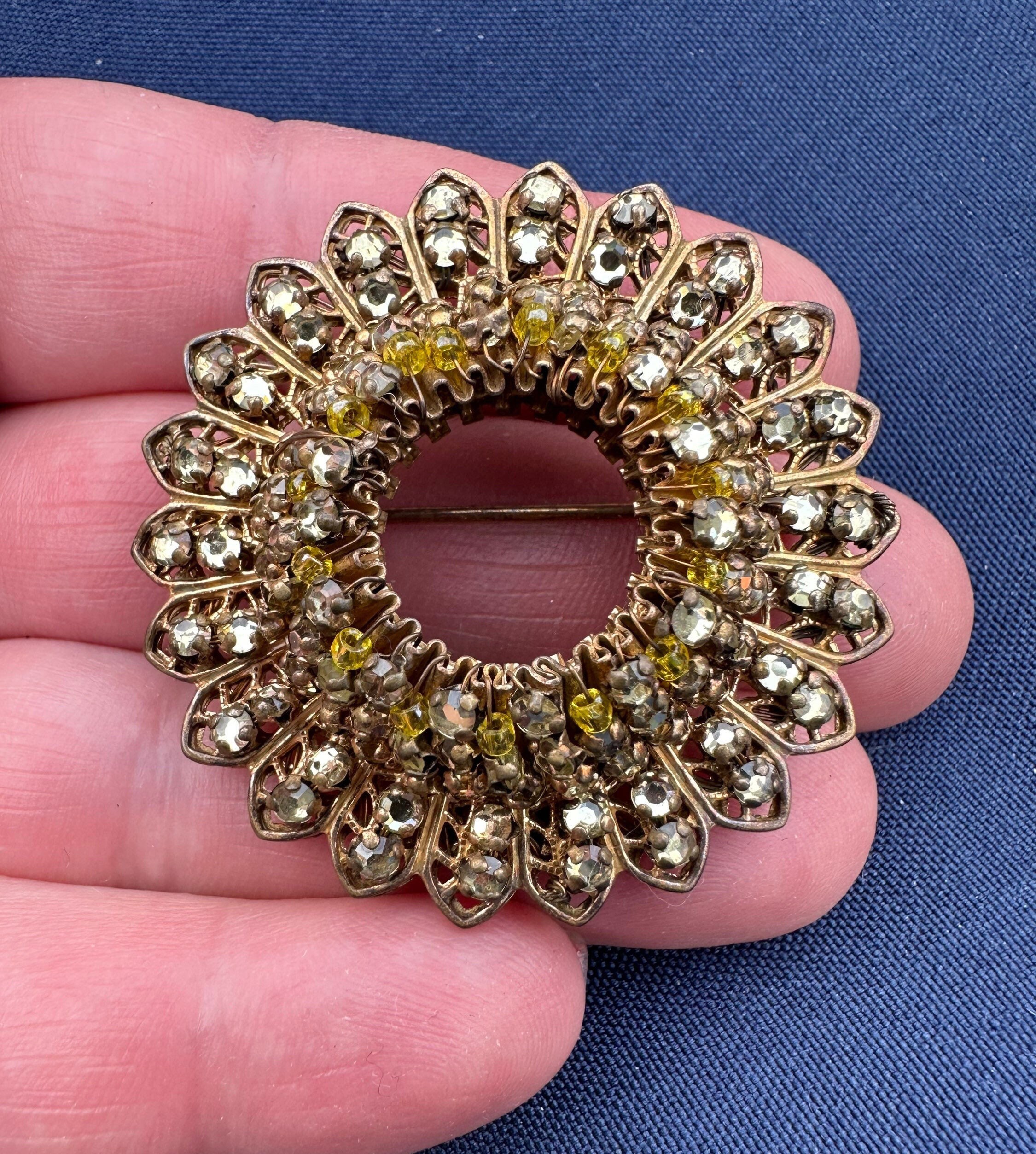 Vintage Signed Miriam Haskell 2 1/4” Green Yellow Rhinestone