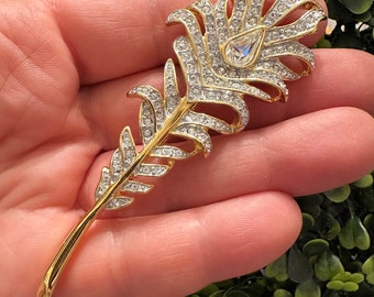 Vintage Jewelry Brooch Signed KJL Kenneth Jay Lane Gorgeous Rhinestone Flower Gold Tone Pin