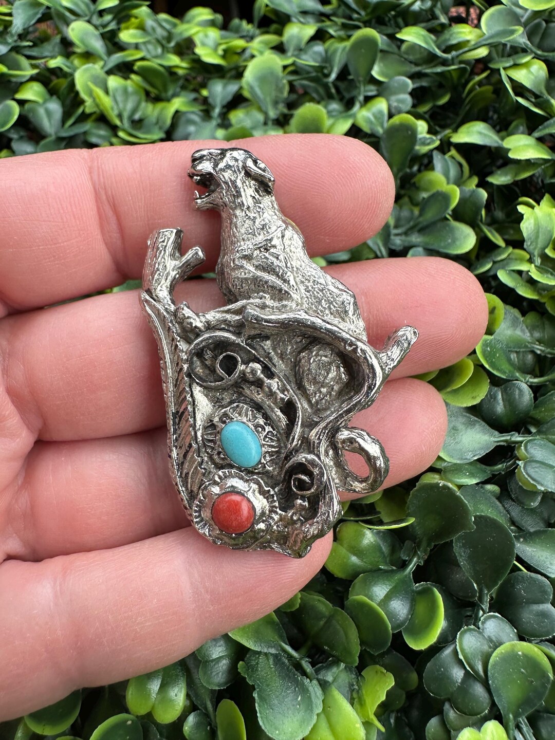 Broche Vintage Style Sud-ouest – Turquoise Et Corail Faux, Filigrane Argenté