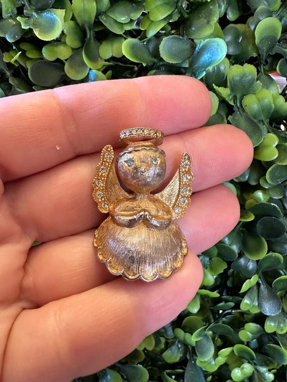 Vintage Razza Angel Brooch: Rhinestone Halo, Gold Tone Pin