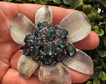 Vintage Jewelry Brooch Signed JHS Gorgeous Blue Rhinestone Flower Silver Tone Pin